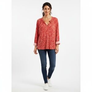 NWT AMANA Womens Blouse Size 2X Red Leaf Print Gathered Neck Boho Chic